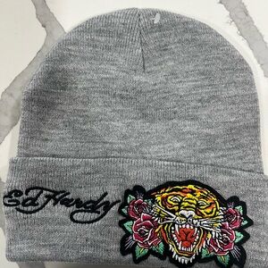 Ed Hardy Kids Gray Beanie with Tiger and Rose Design